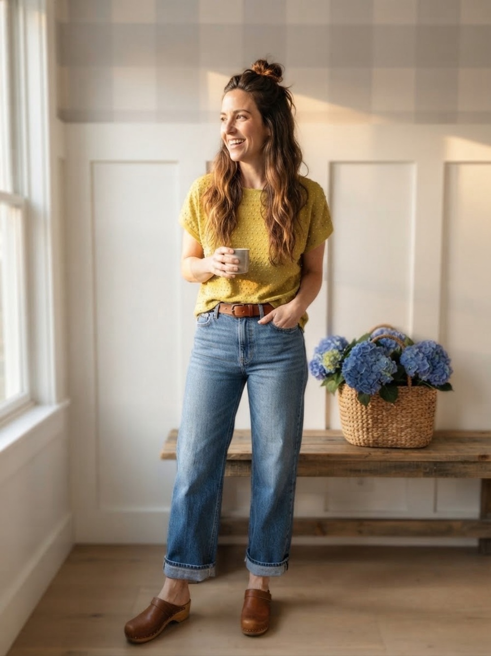 Short-Sleeve Textured Knit Top in Mustard Yellow Medium